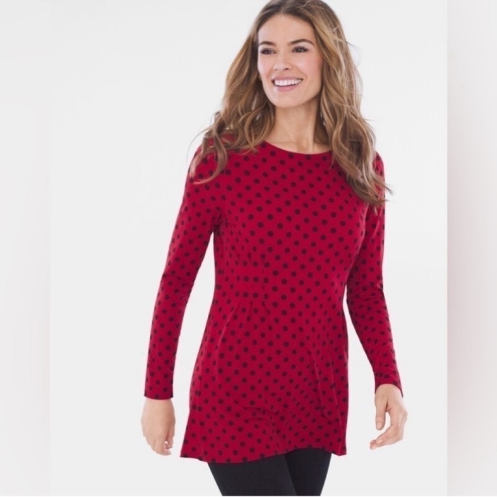Chico’s Boho Red Polka Dot Long Sleeve Stretchy Comfy Tunic Blouse Top